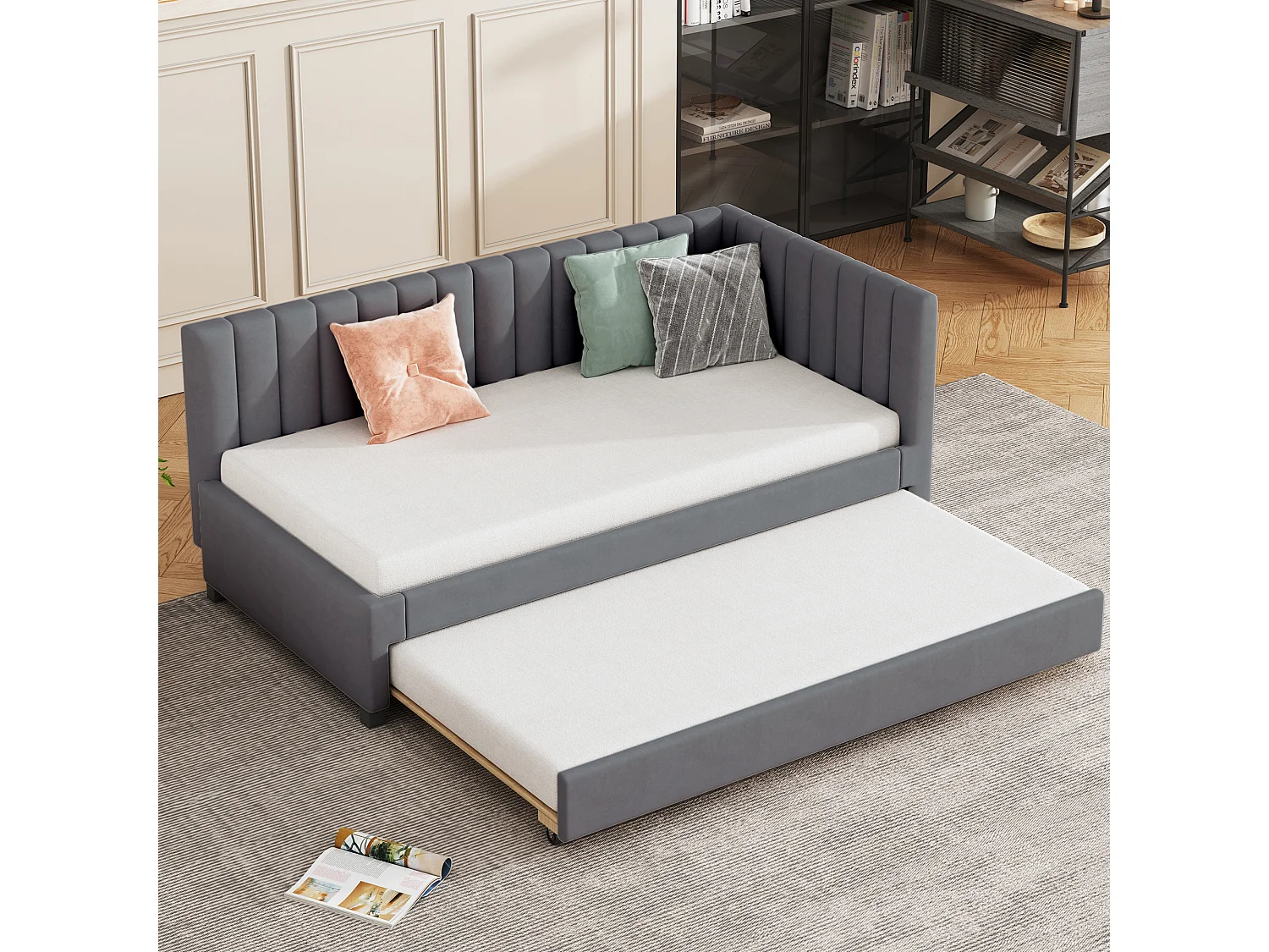 Lit enfant 90x200cm avec lit gigogne 90x190cm gris, flanelle, sans matelas