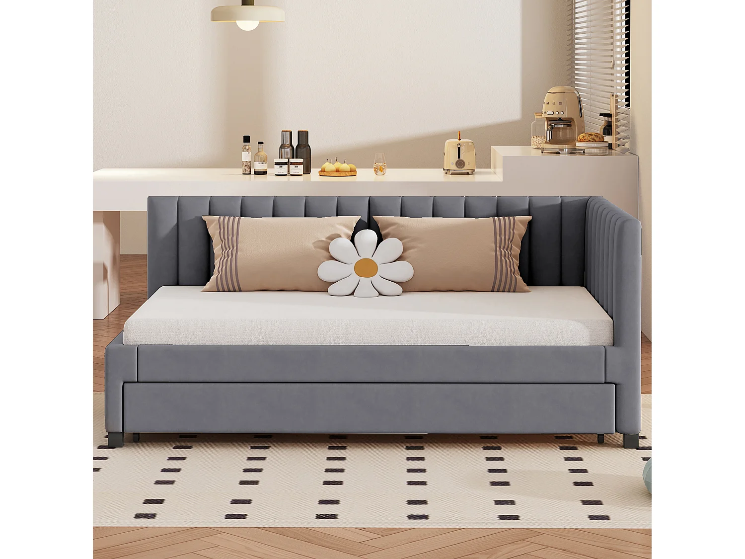 Lit enfant 90x200cm avec lit gigogne 90x190cm gris, flanelle, sans matelas