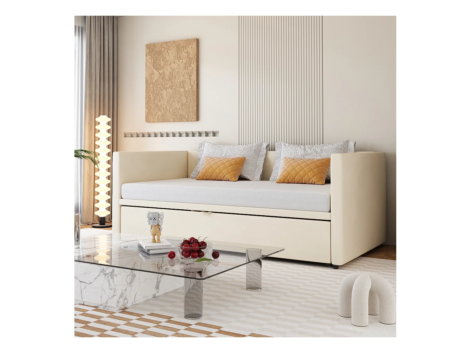 Lit enfant 90/180x200 cm beige en velours, avec lit gigogne, multifonctionnel, sans matelas