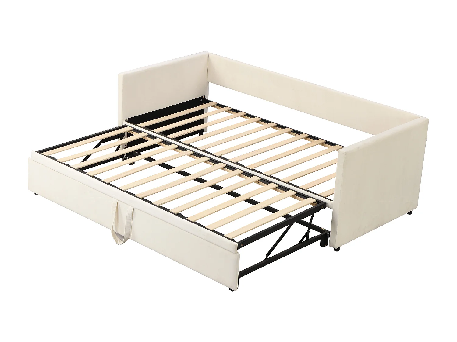 Lit enfant 90/180x200 cm beige en velours, avec lit gigogne, multifonctionnel, sans matelas