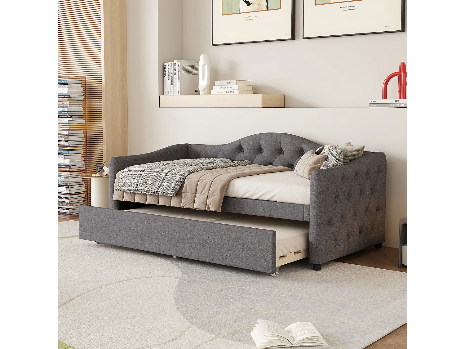 Lit enfant 90x200 cm gris en lin avec lit gigogne 90x190 cm, sans matelas