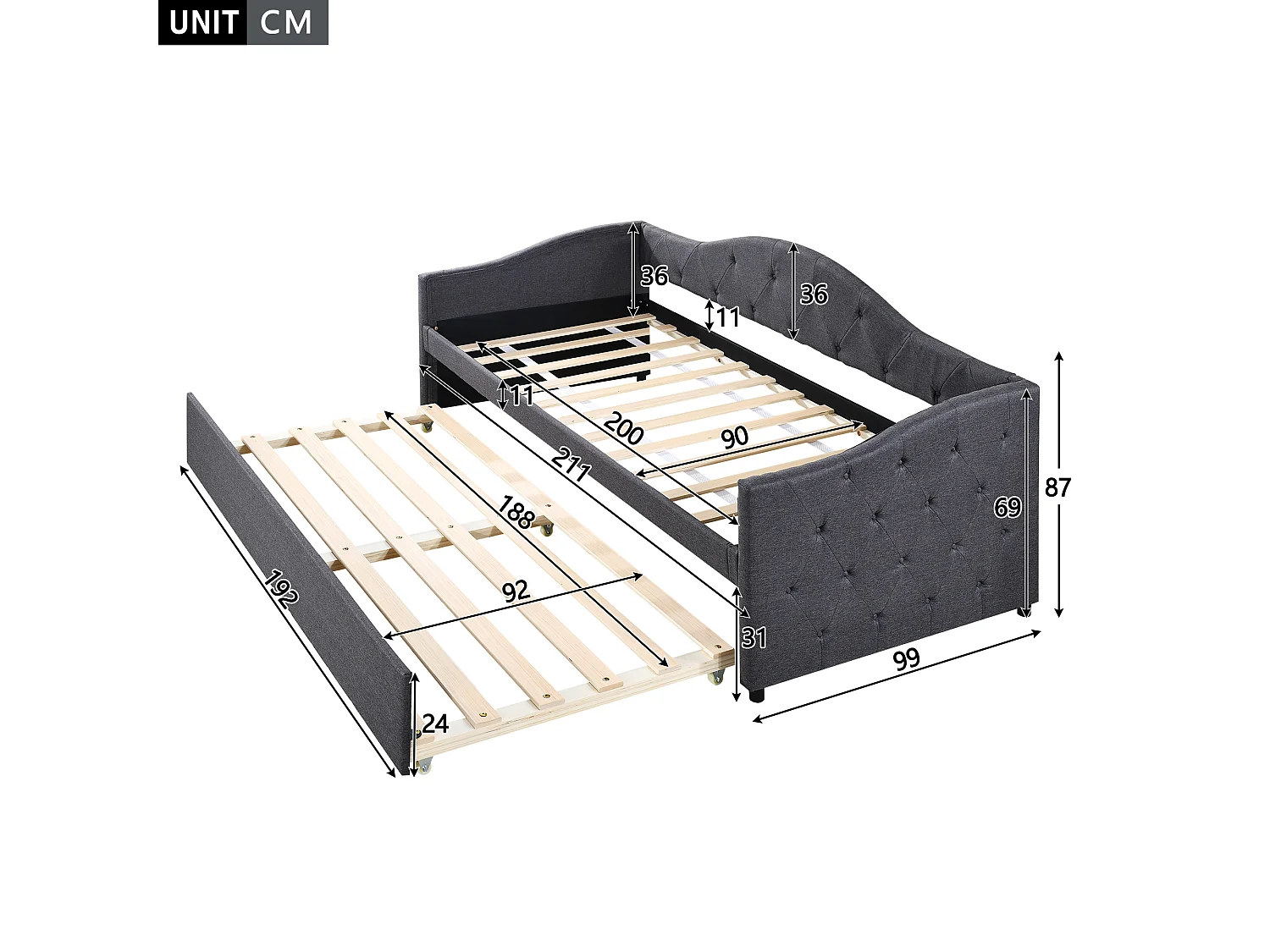 Lit enfant 90x200 cm gris en lin avec lit gigogne 90x190 cm, sans matelas