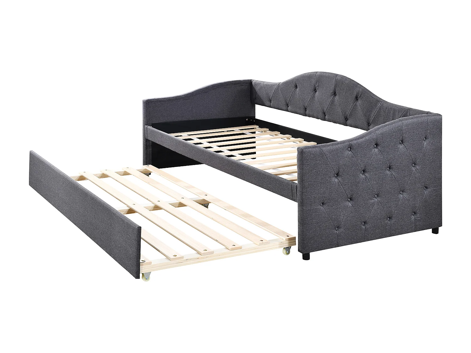 Lit enfant 90x200 cm gris en lin avec lit gigogne 90x190 cm, sans matelas