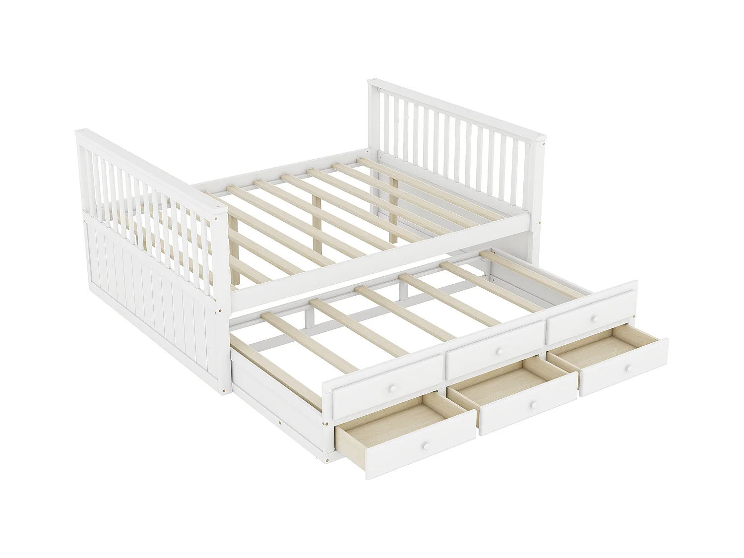 Lit enfant 140x200cm avec lit gigogne 90x190cm, avec 3 tiroirs de rangement, en bois, blanc, sans matelas