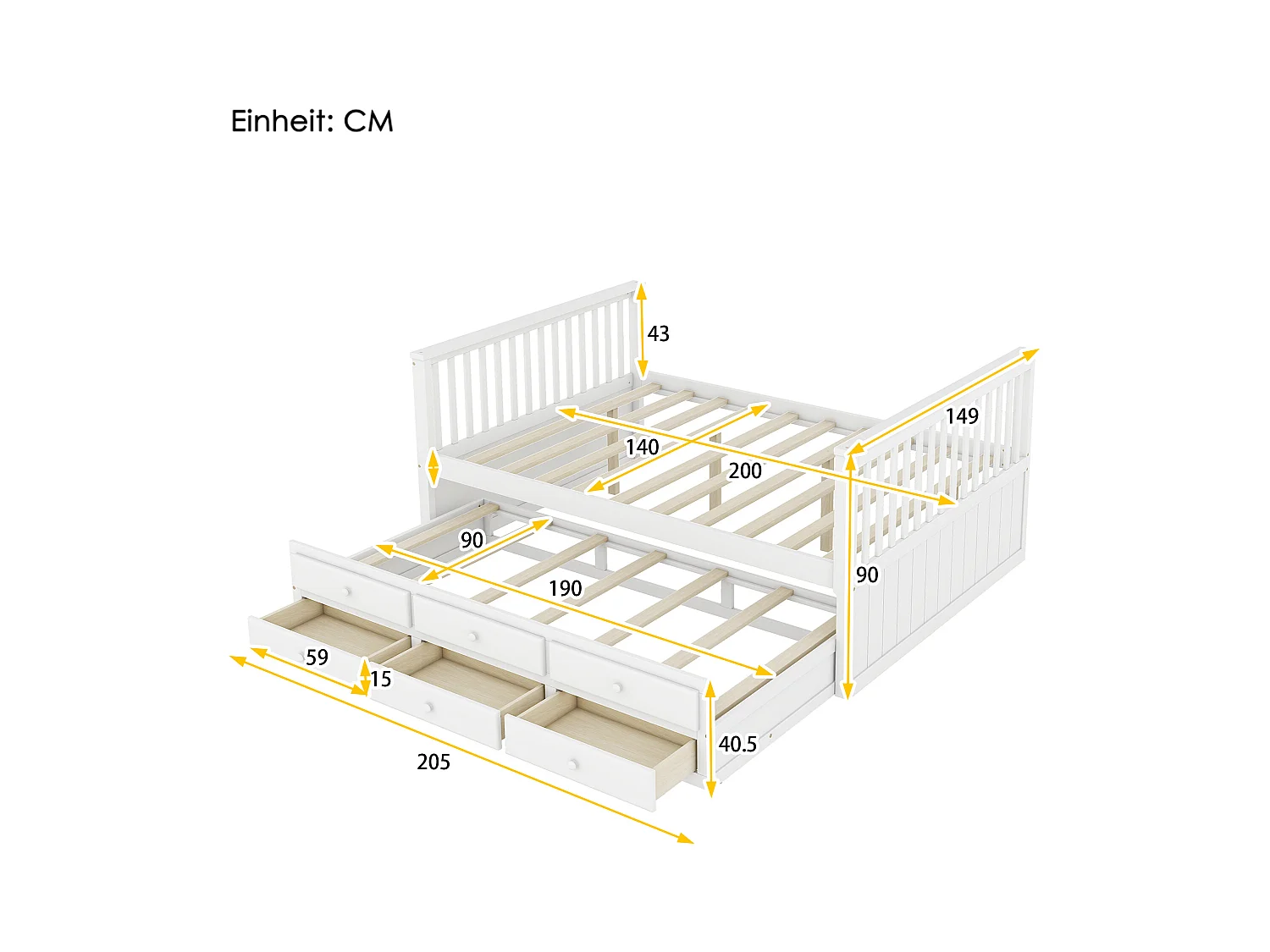 Lit enfant 140x200cm avec lit gigogne 90x190cm, avec 3 tiroirs de rangement, en bois, blanc, sans matelas