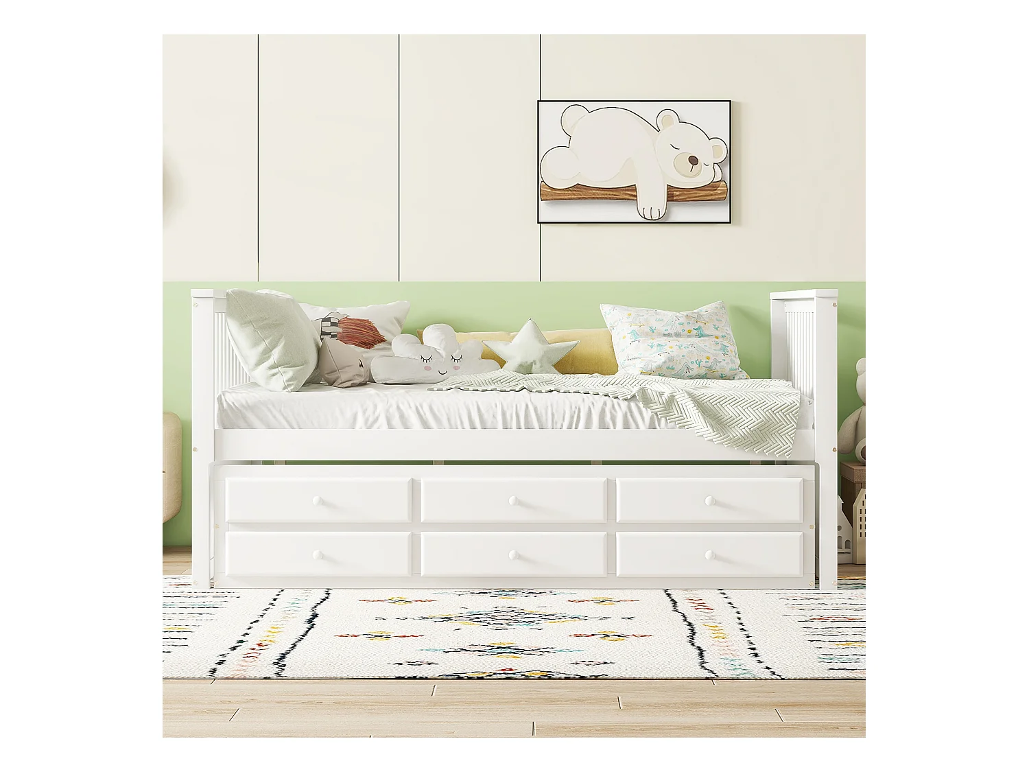 Lit enfant 140x200cm avec lit gigogne 90x190cm, avec 3 tiroirs de rangement, en bois, blanc, sans matelas