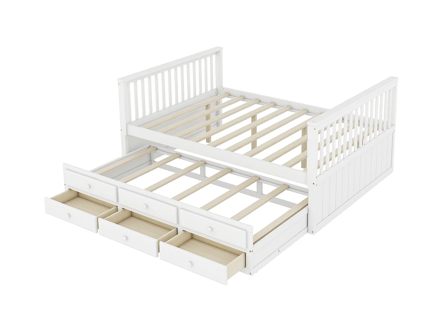 Lit enfant 140x200cm avec lit gigogne 90x190cm, avec 3 tiroirs de rangement, en bois, blanc, sans matelas