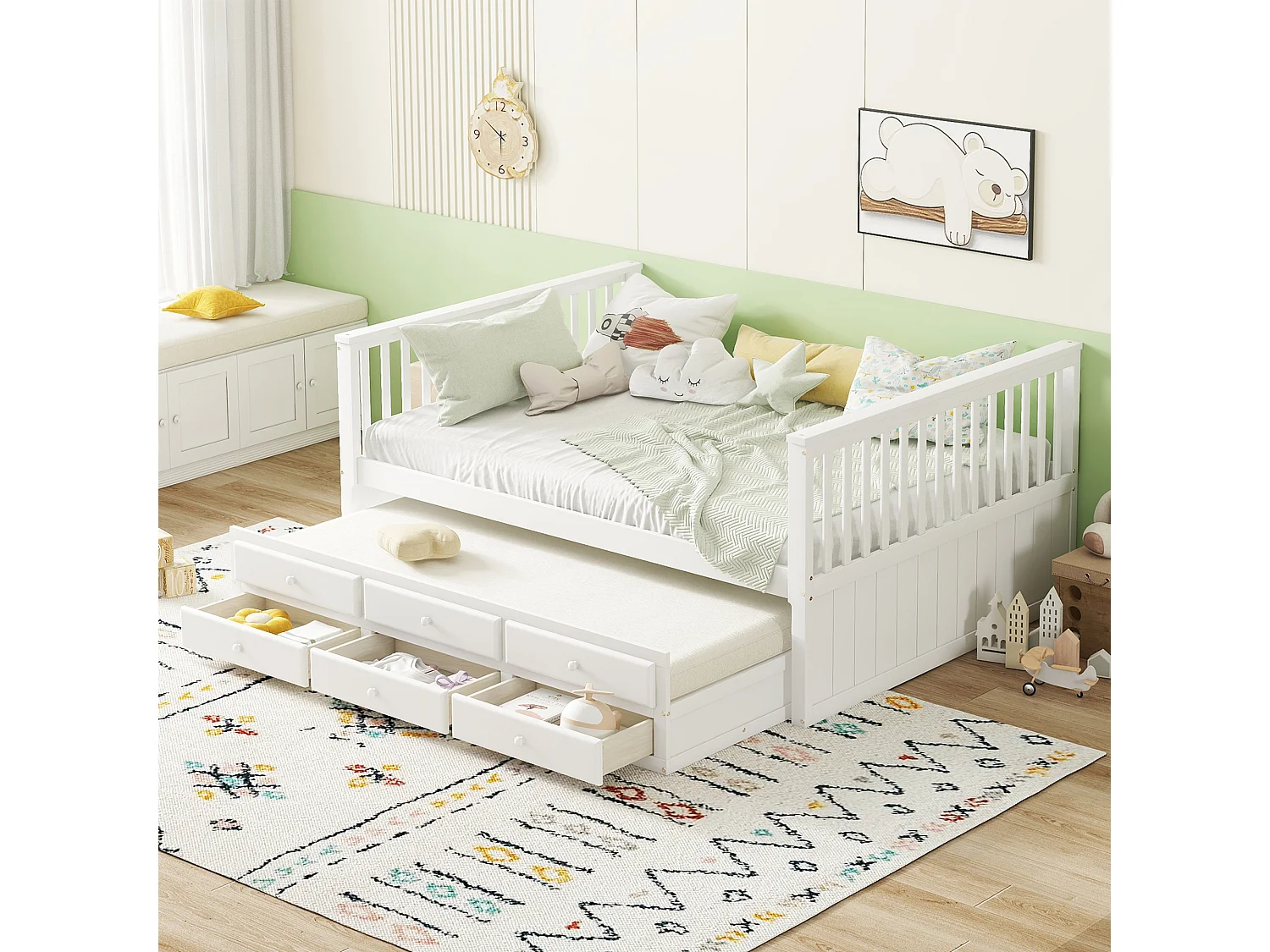 Lit enfant 140x200cm avec lit gigogne 90x190cm, avec 3 tiroirs de rangement, en bois, blanc, sans matelas