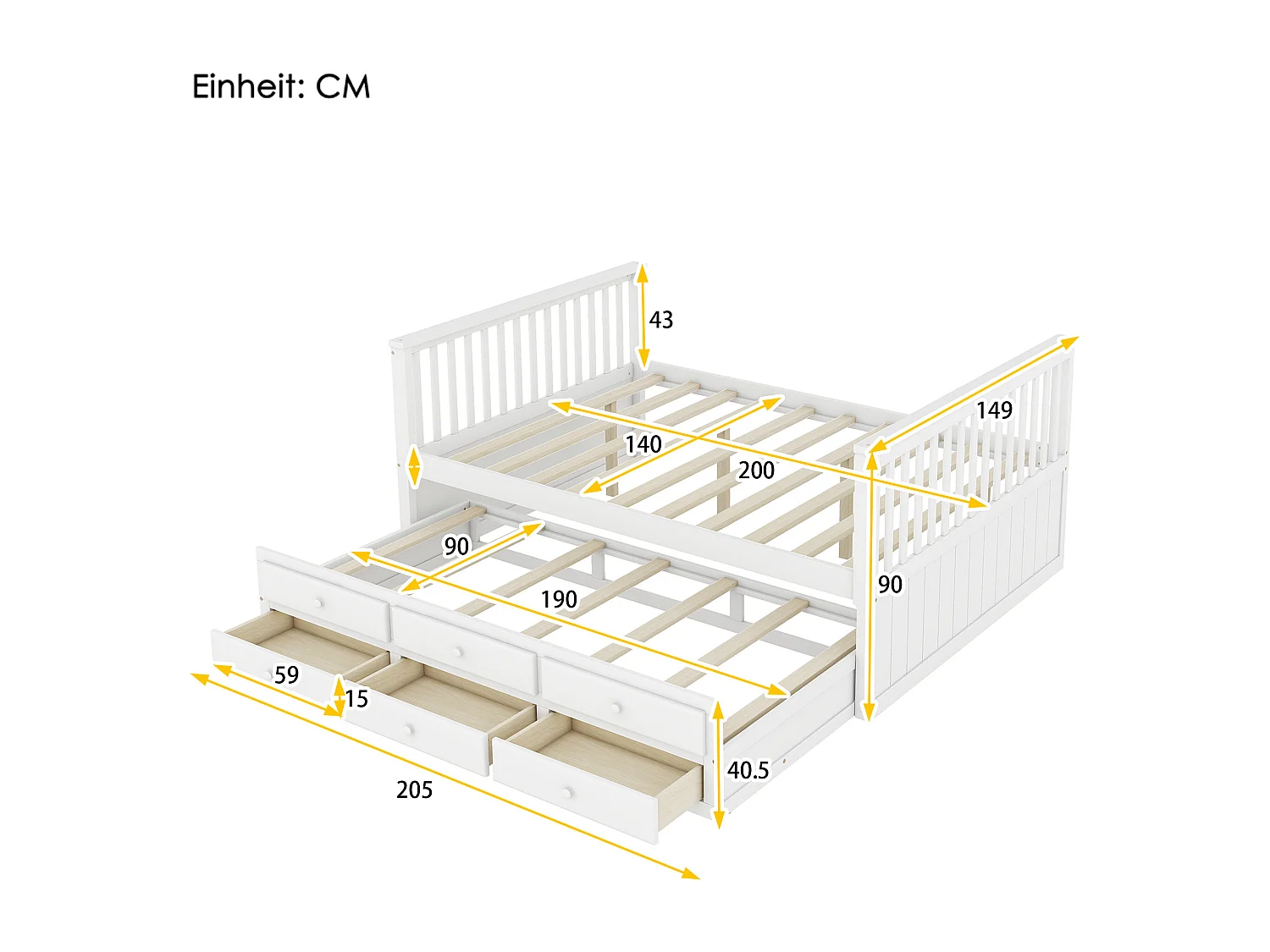 Lit enfant 140x200cm avec lit gigogne 90x190cm, avec 3 tiroirs de rangement, en bois, blanc, sans matelas