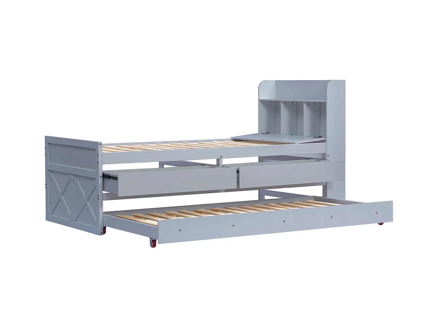 Lit enfant 90x190 cm en bois avec USB, avec lit gigogne et tiroirs, tête de lit de rangement, gris, sans matelas