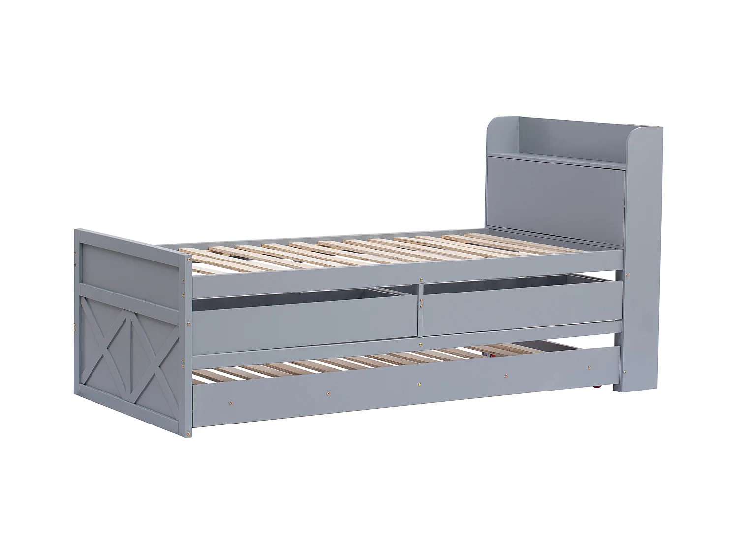 Lit enfant 90x190 cm en bois avec USB, avec lit gigogne et tiroirs, tête de lit de rangement, gris, sans matelas