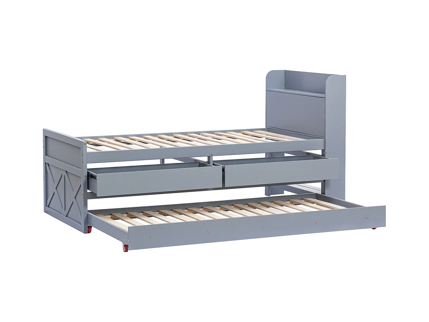 Lit enfant 90x190 cm en bois avec USB, avec lit gigogne et tiroirs, tête de lit de rangement, gris, sans matelas