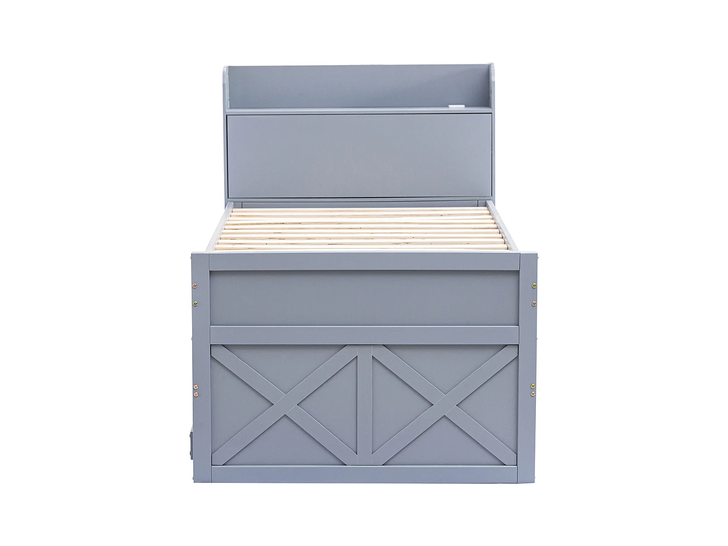 Lit enfant 90x190 cm en bois avec USB, avec lit gigogne et tiroirs, tête de lit de rangement, gris, sans matelas