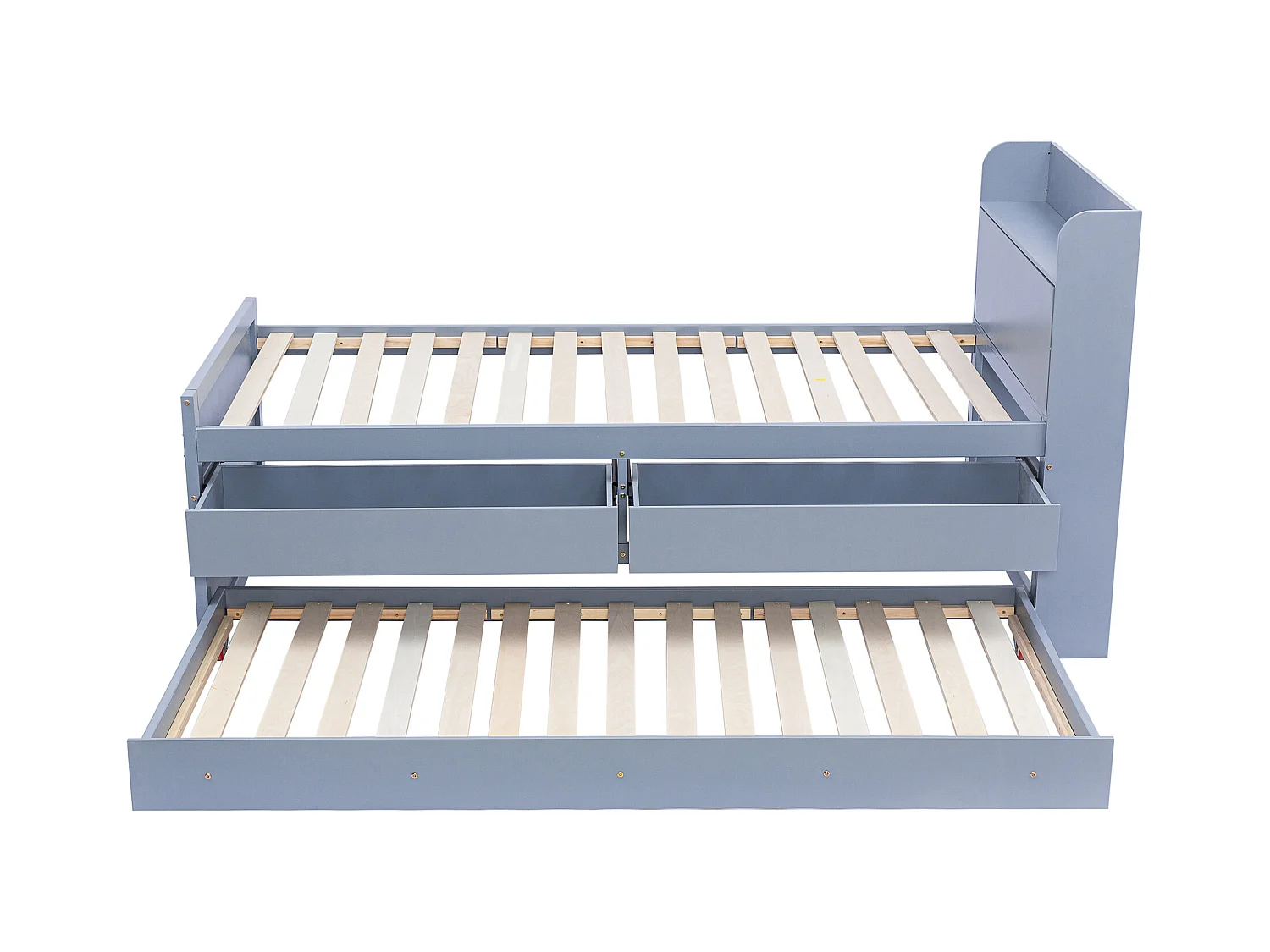 Lit enfant 90x190 cm en bois avec USB, avec lit gigogne et tiroirs, tête de lit de rangement, gris, sans matelas