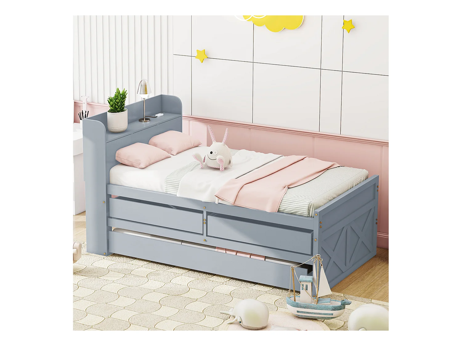 Lit enfant 90x190 cm en bois avec USB, avec lit gigogne et tiroirs, tête de lit de rangement, gris, sans matelas
