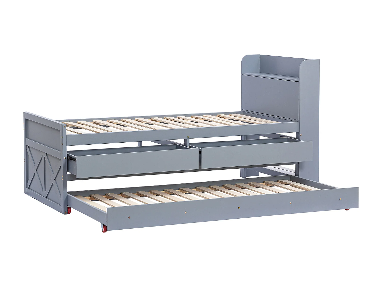 Lit enfant 90x190 cm en bois avec USB, avec lit gigogne et tiroirs, tête de lit de rangement, gris, sans matelas