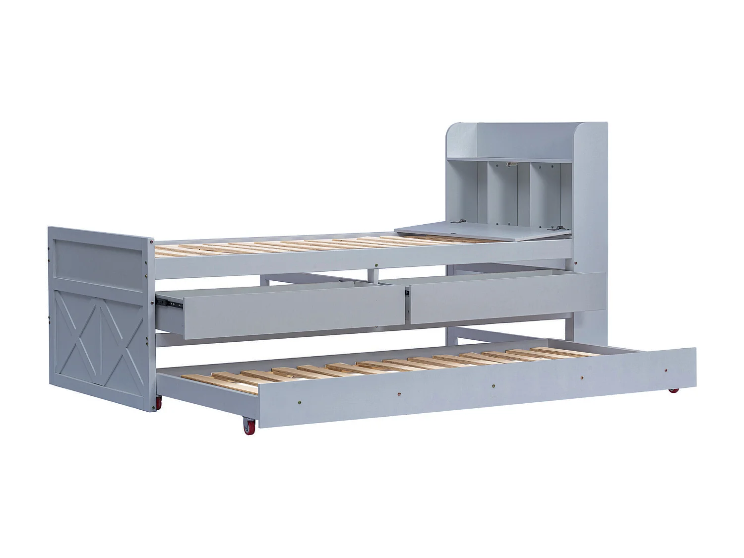 Lit enfant 90x190 cm en bois avec USB, avec lit gigogne et tiroirs, tête de lit de rangement, gris, sans matelas