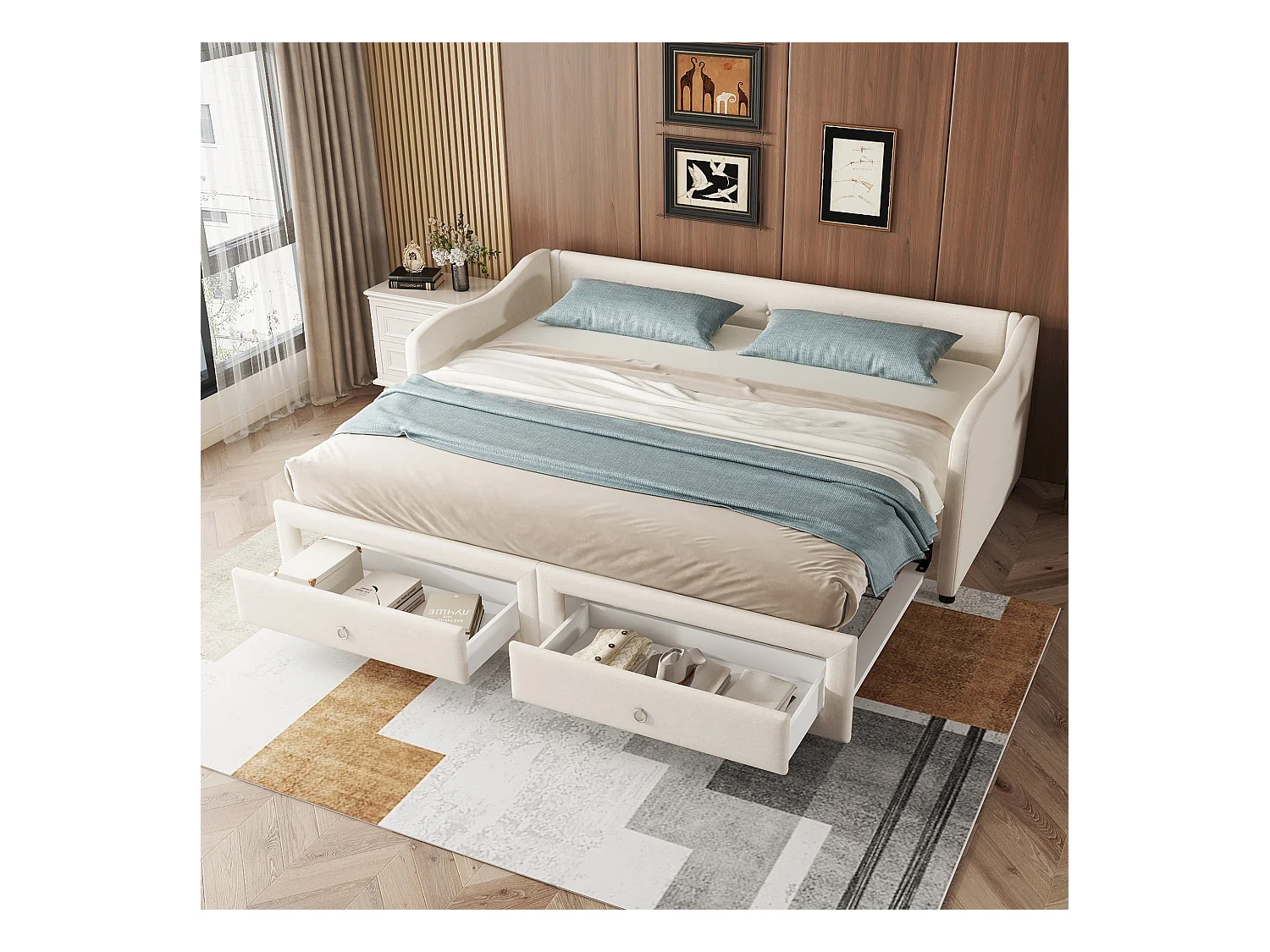 Lit enfant 90x200 cm convertible en lit adulte 180x200cm, avec 2 tiroirs de rangement, lin, sans matelas, beige