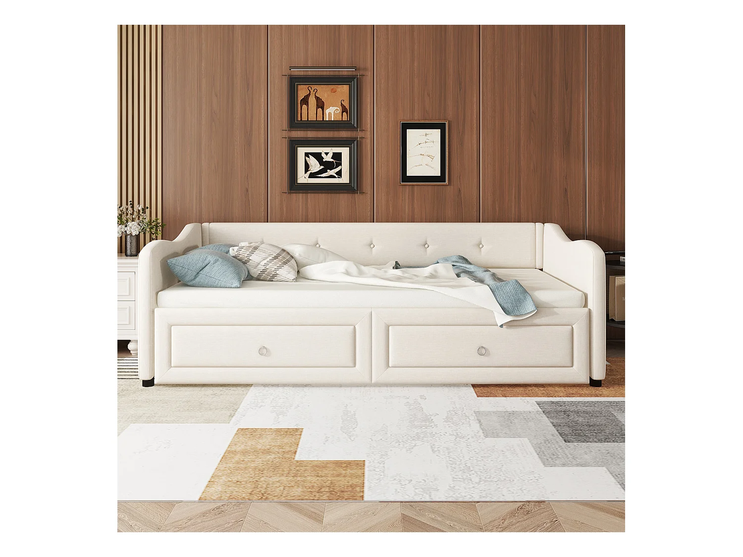 Lit enfant 90x200 cm convertible en lit adulte 180x200cm, avec 2 tiroirs de rangement, lin, sans matelas, beige