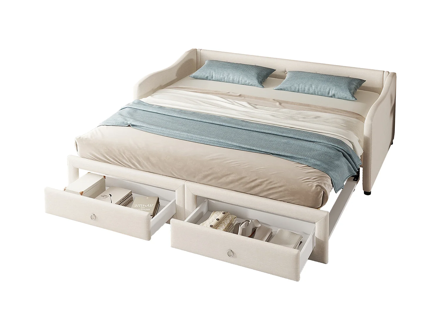 Lit enfant 90x200 cm convertible en lit adulte 180x200cm, avec 2 tiroirs de rangement, lin, sans matelas, beige