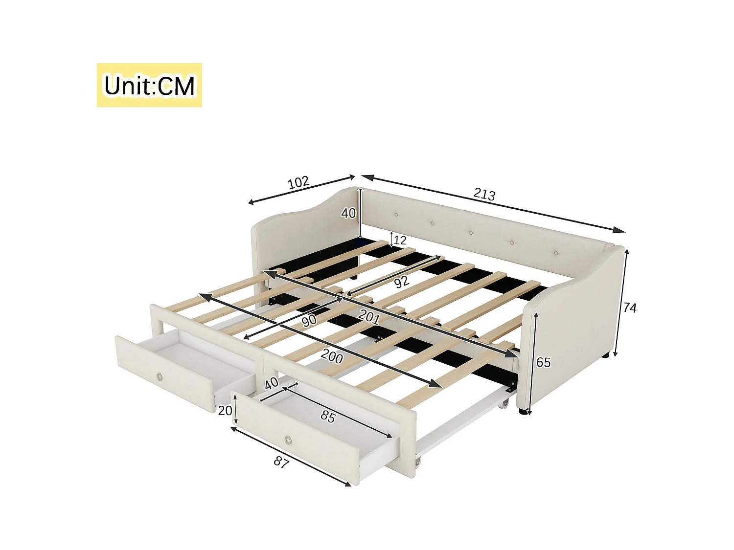 Lit enfant 90x200 cm convertible en lit adulte 180x200cm, avec 2 tiroirs de rangement, lin, sans matelas, beige