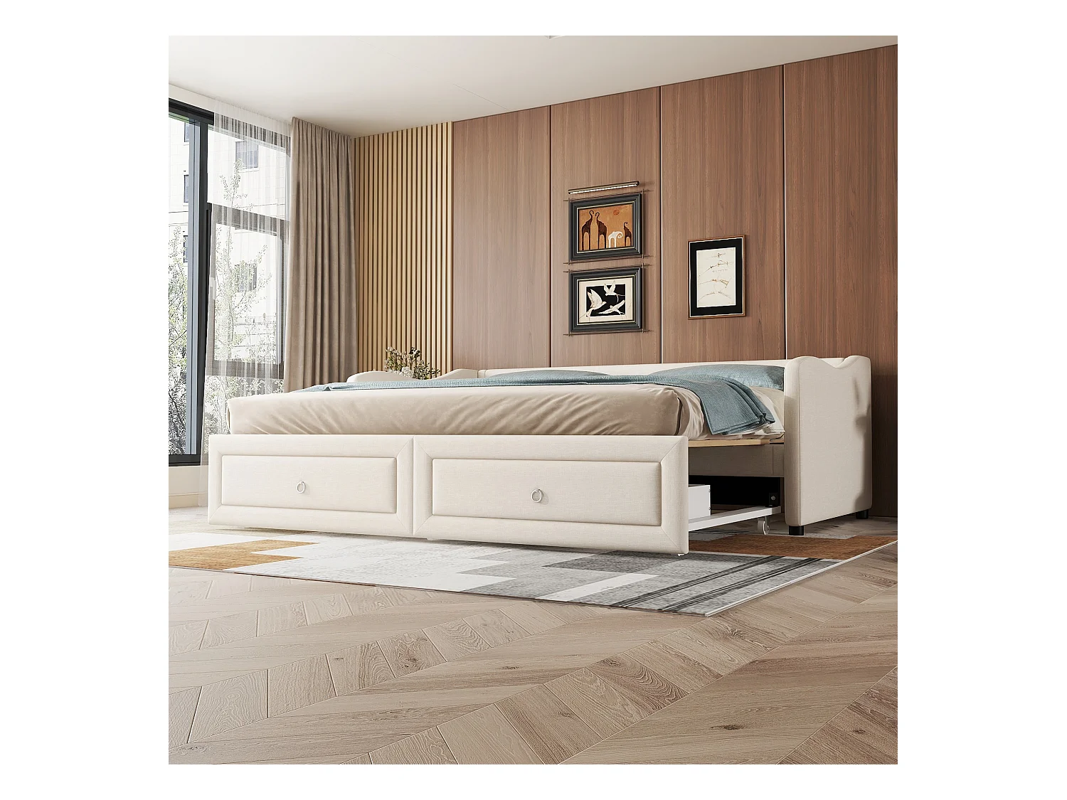 Lit enfant 90x200 cm convertible en lit adulte 180x200cm, avec 2 tiroirs de rangement, lin, sans matelas, beige