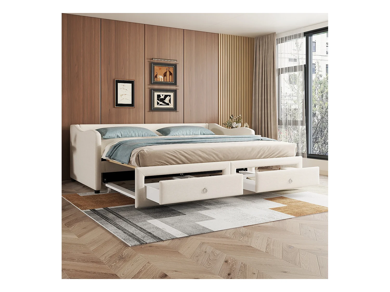 Lit enfant 90x200 cm convertible en lit adulte 180x200cm, avec 2 tiroirs de rangement, lin, sans matelas, beige