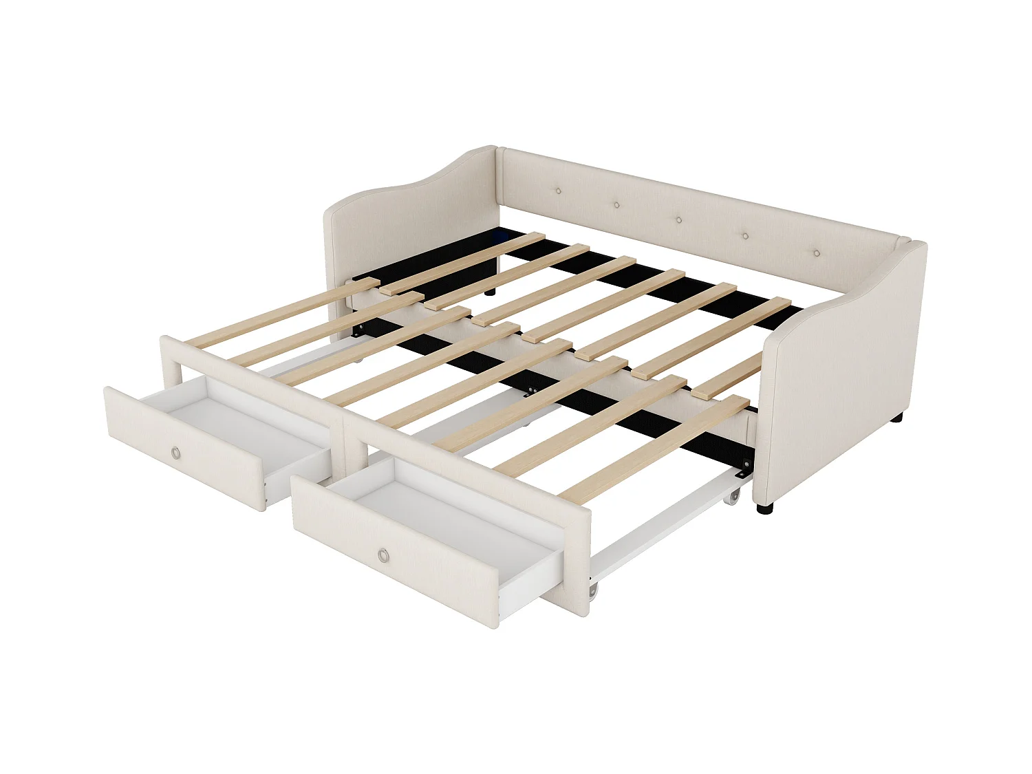 Lit enfant 90x200 cm convertible en lit adulte 180x200cm, avec 2 tiroirs de rangement, lin, sans matelas, beige