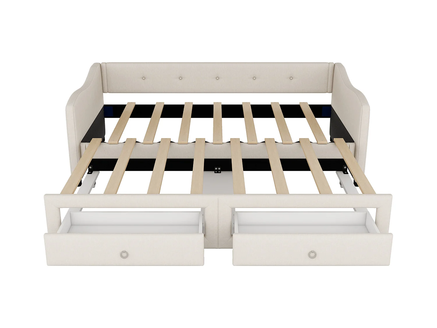 Lit enfant 90x200 cm convertible en lit adulte 180x200cm, avec 2 tiroirs de rangement, lin, sans matelas, beige