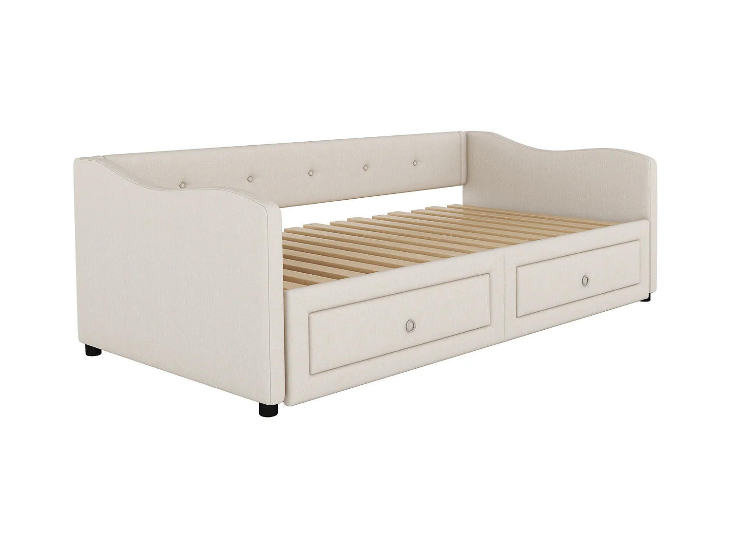 Lit enfant 90x200 cm convertible en lit adulte 180x200cm, avec 2 tiroirs de rangement, lin, sans matelas, beige