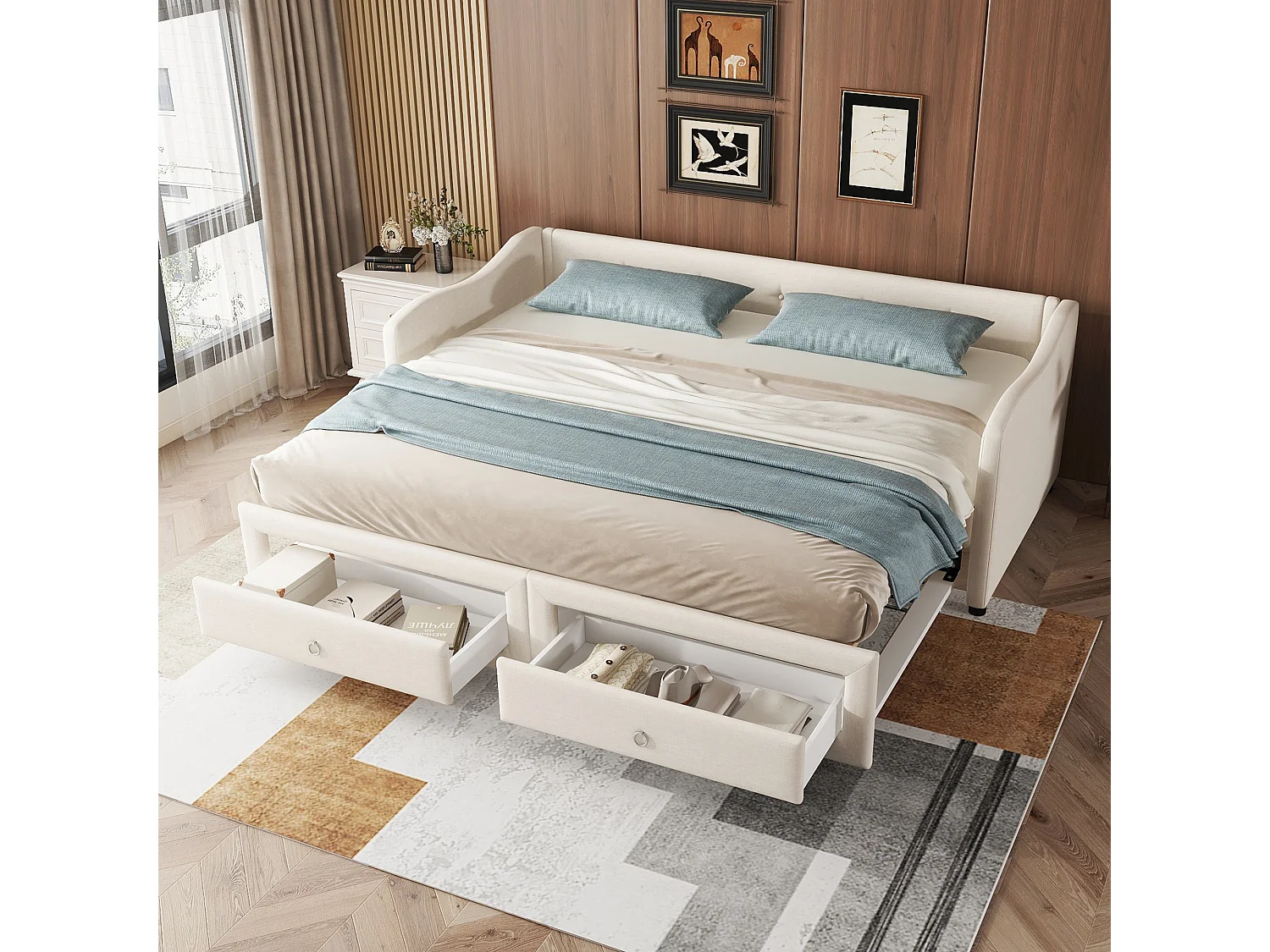 Lit enfant 90x200 cm convertible en lit adulte 180x200cm, avec 2 tiroirs de rangement, lin, sans matelas, beige