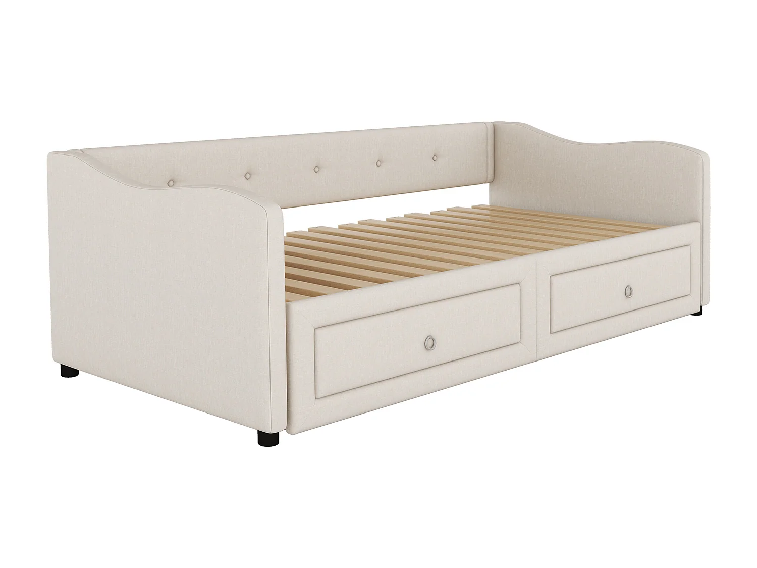 Lit enfant 90x200 cm convertible en lit adulte 180x200cm, avec 2 tiroirs de rangement, lin, sans matelas, beige