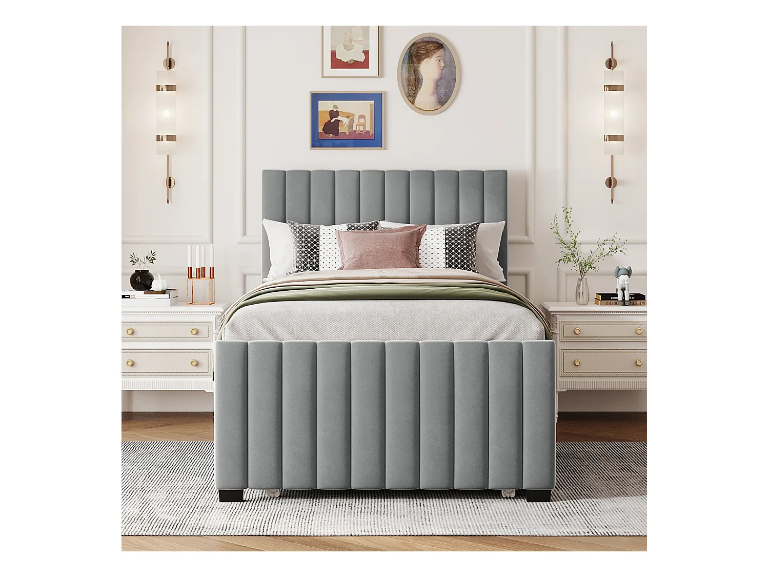 Lit adulte simple 90x190 cm gris en velours, lit enfant avec lit gigogne, sans matelas