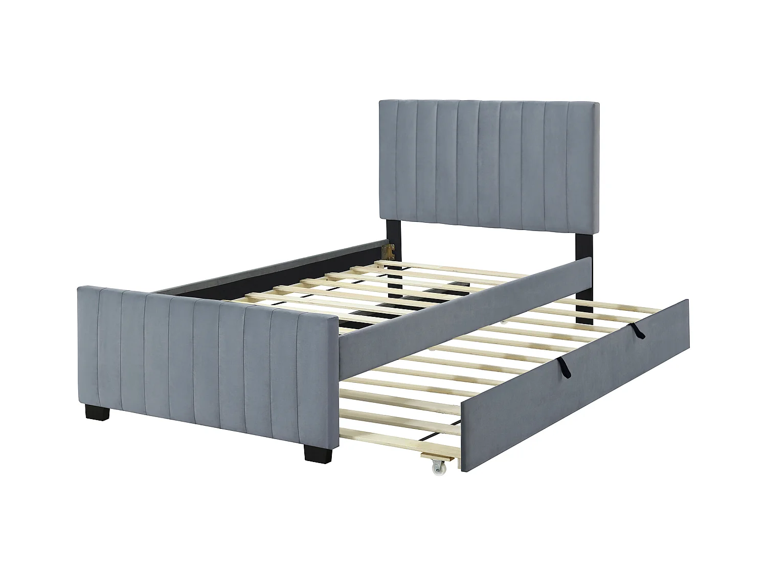 Lit adulte simple 90x190 cm gris en velours, lit enfant avec lit gigogne, sans matelas