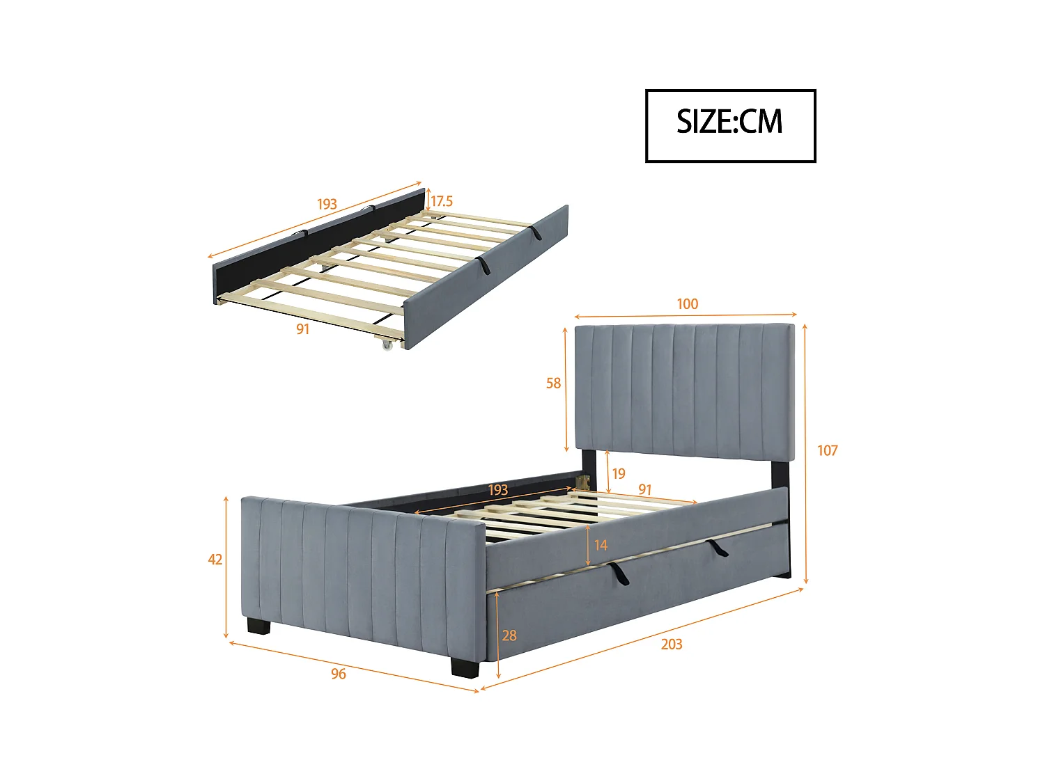 Lit adulte simple 90x190 cm gris en velours, lit enfant avec lit gigogne, sans matelas
