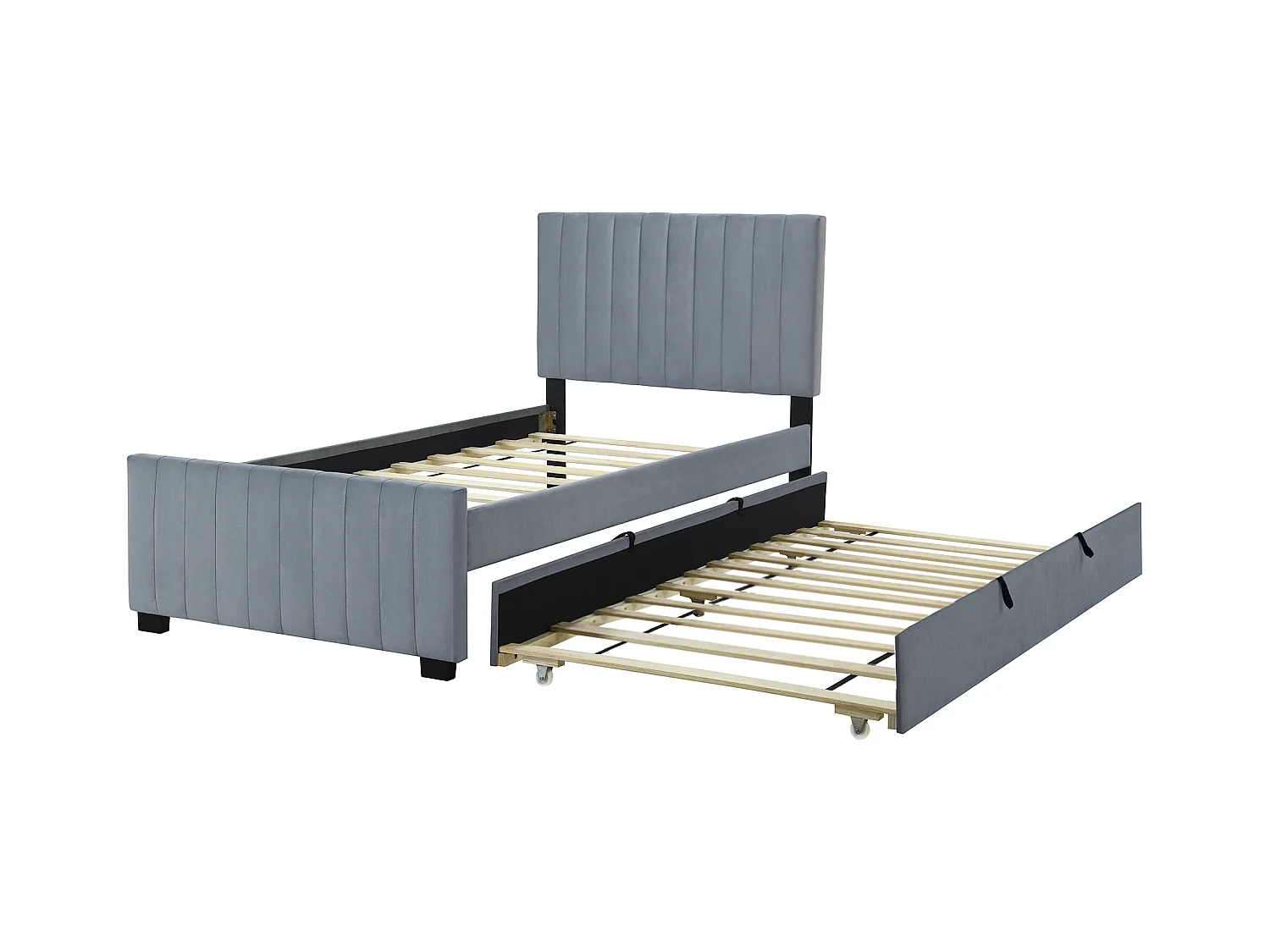 Lit adulte simple 90x190 cm gris en velours, lit enfant avec lit gigogne, sans matelas