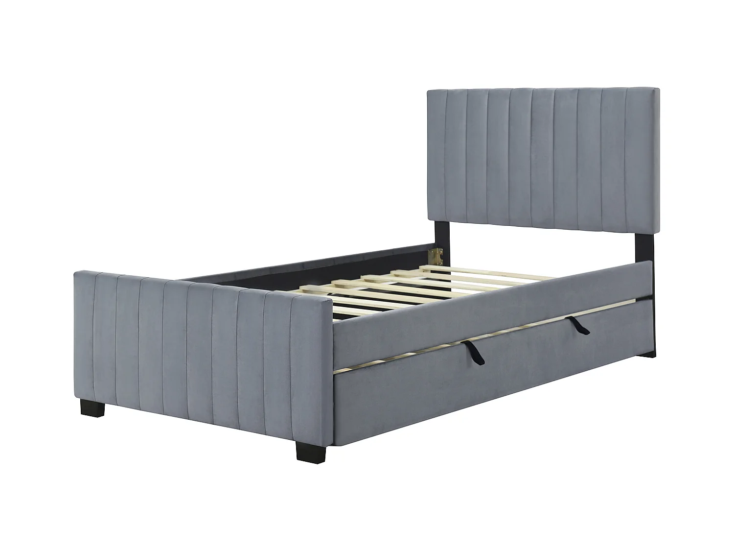 Lit adulte simple 90x190 cm gris en velours, lit enfant avec lit gigogne, sans matelas