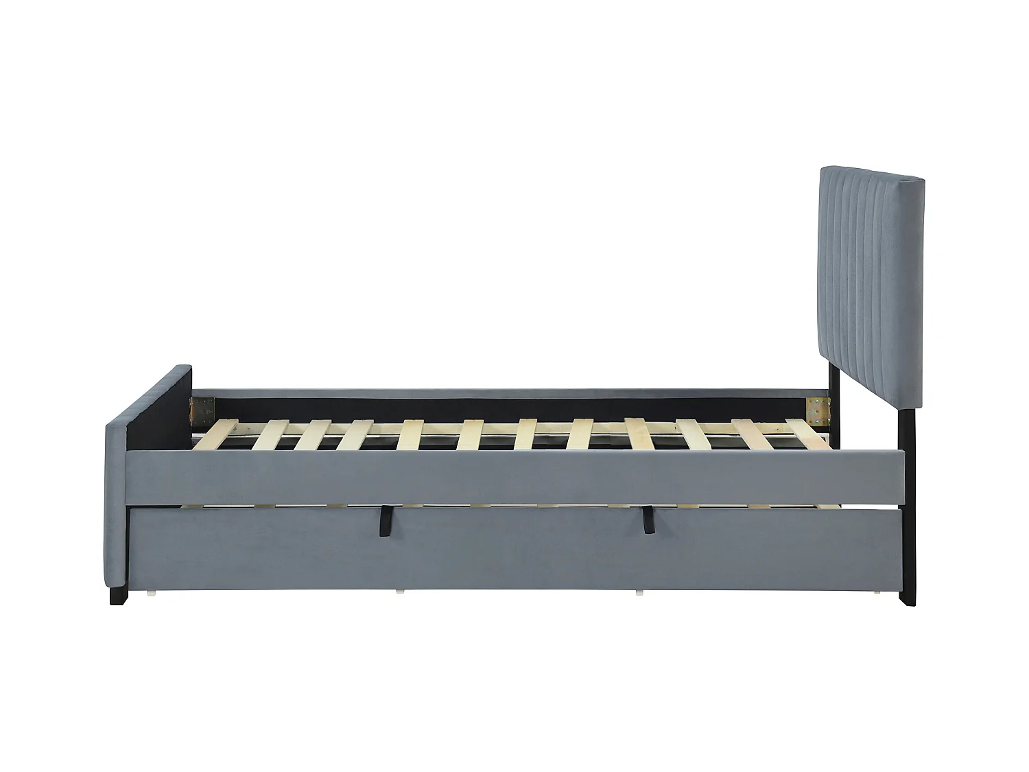 Lit adulte simple 90x190 cm gris en velours, lit enfant avec lit gigogne, sans matelas