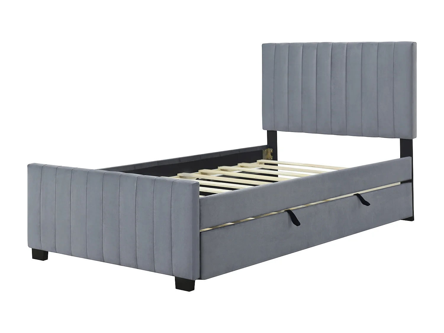 Lit adulte simple 90x190 cm gris en velours, lit enfant avec lit gigogne, sans matelas