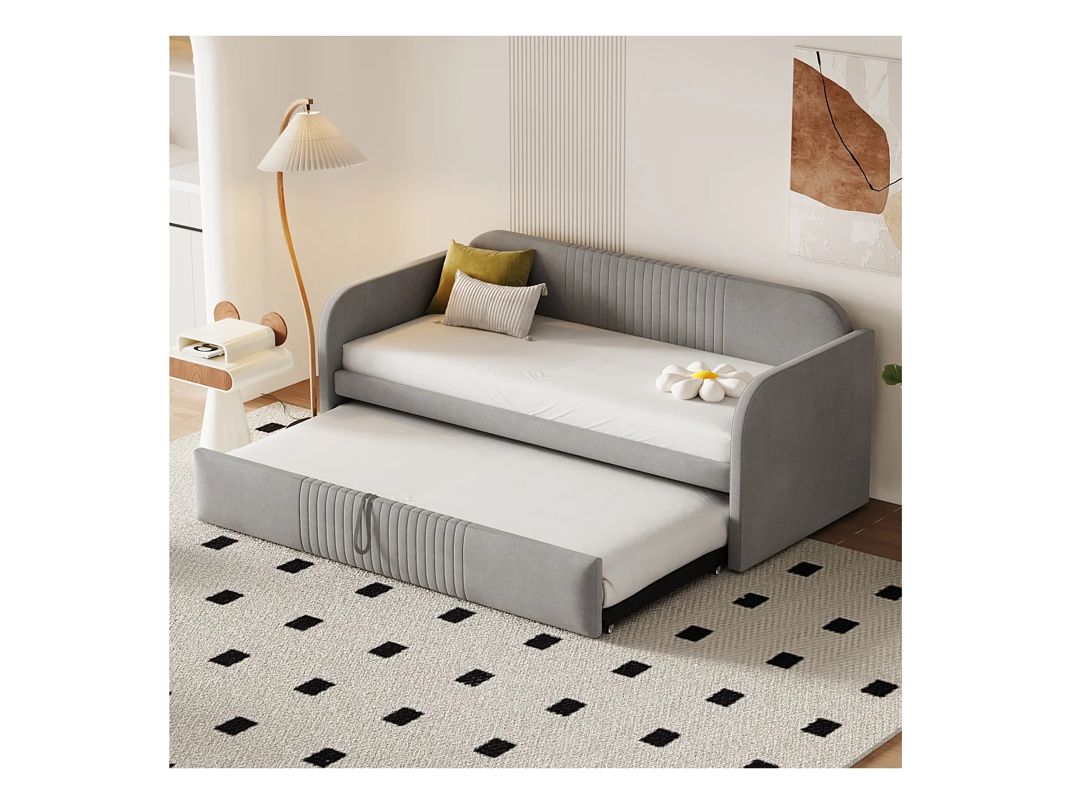 Cama nido 90/180x190 cm - Cama tapizada con somier de láminas de madera - lino gris claro - sin colchón