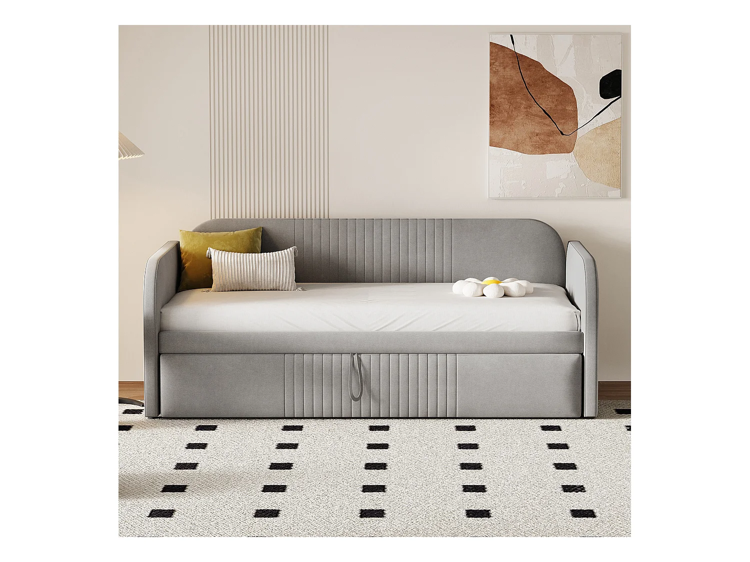 Cama nido 90/180x190 cm - Cama tapizada con somier de láminas de madera - lino gris claro - sin colchón