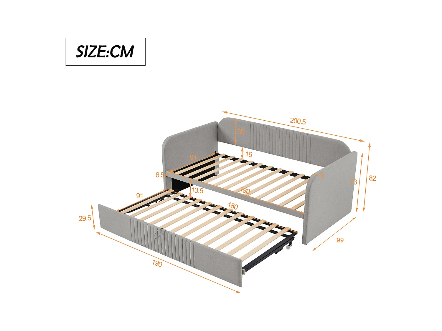 Cama nido 90/180x190 cm - Cama tapizada con somier de láminas de madera - lino gris claro - sin colchón