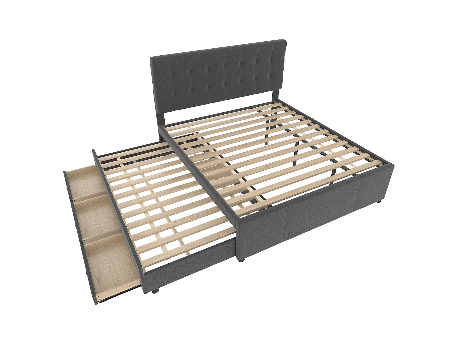 Lit adulte rembourré 140x200cm en lin avec 3 tiroirs, avec lit gigogne 90x190cm gris, tête de lit réglable, sans matelas