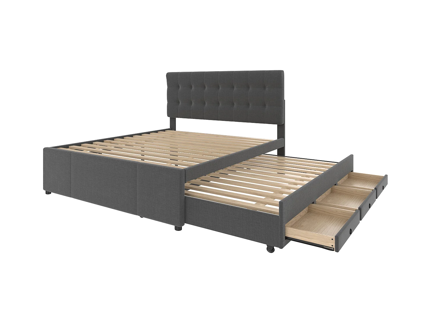 Lit adulte rembourré 140x200cm en lin avec 3 tiroirs, avec lit gigogne 90x190cm gris, tête de lit réglable, sans matelas