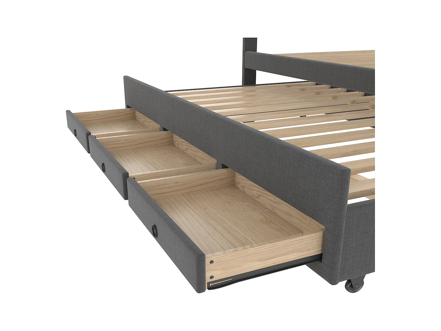 Lit adulte rembourré 140x200cm en lin avec 3 tiroirs, avec lit gigogne 90x190cm gris, tête de lit réglable, sans matelas