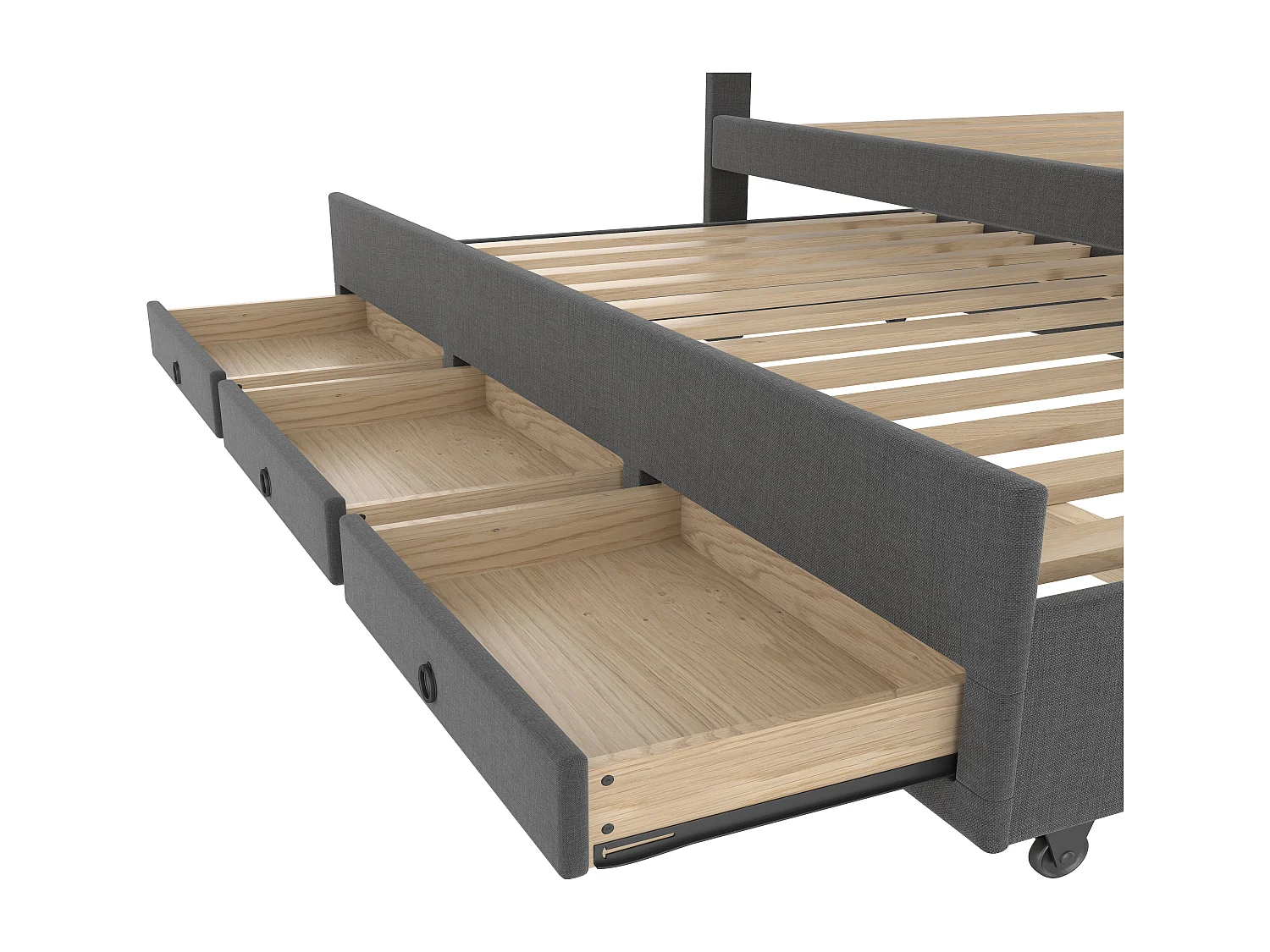 Lit adulte rembourré 140x200cm en lin avec 3 tiroirs, avec lit gigogne 90x190cm gris, tête de lit réglable, sans matelas