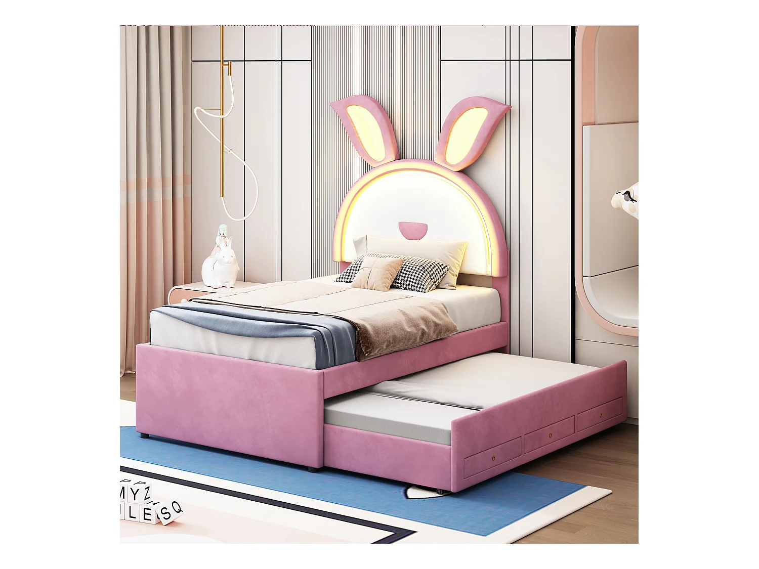 Lit enfant 90x200 cm avec lumière LED coloré+tiroirs, avec lit gigogne 90x190, multifonctionnel, rose, sans matelas