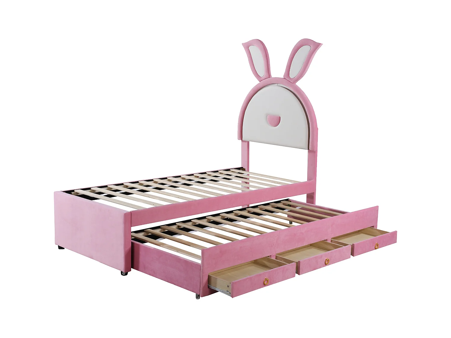 Lit enfant 90x200 cm avec lumière LED coloré+tiroirs, avec lit gigogne 90x190, multifonctionnel, rose, sans matelas