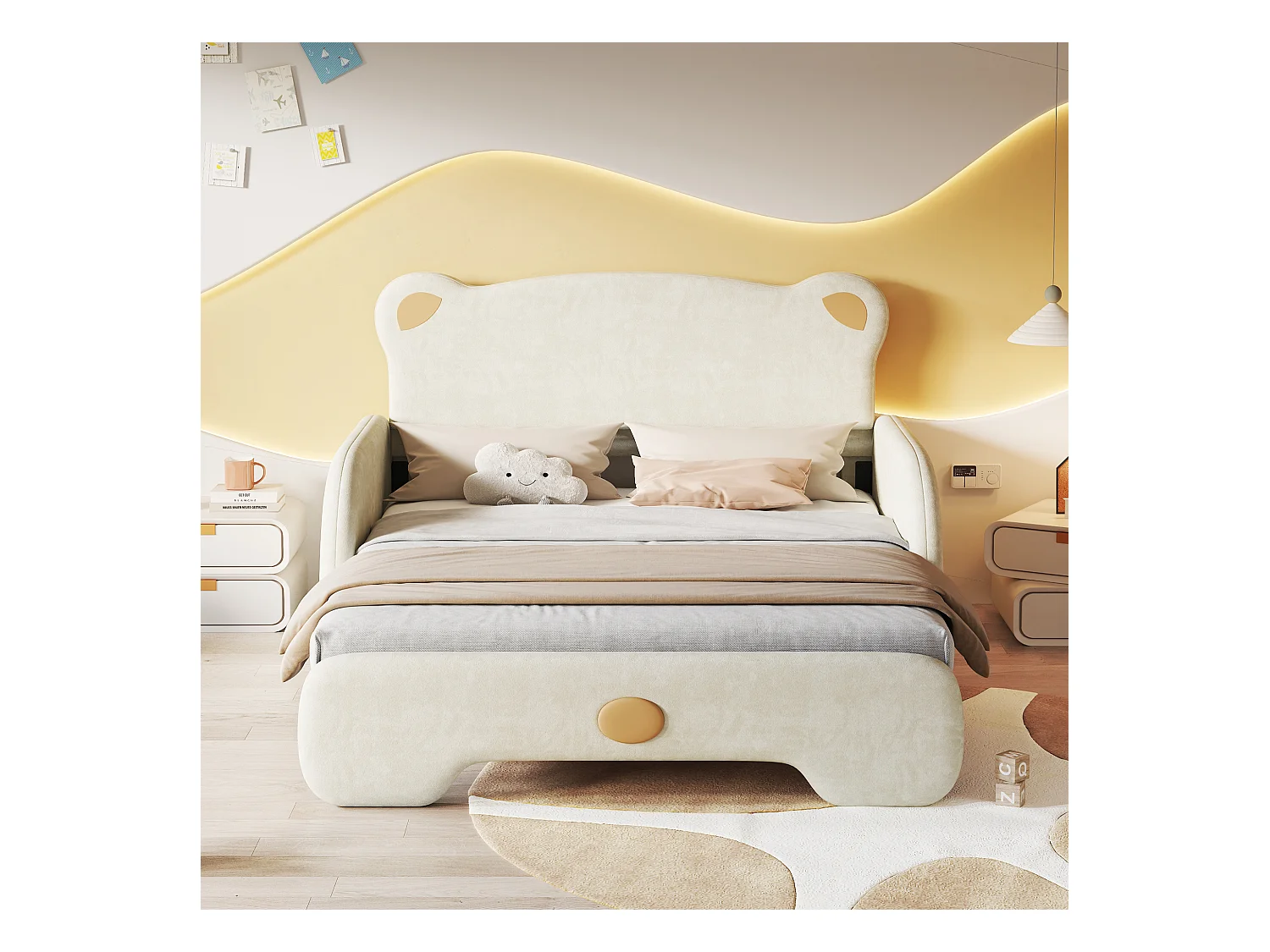 Lit enfant 140x110/200cm convertible en forme d'ours, velours beige, Lit adulte, sans matelas