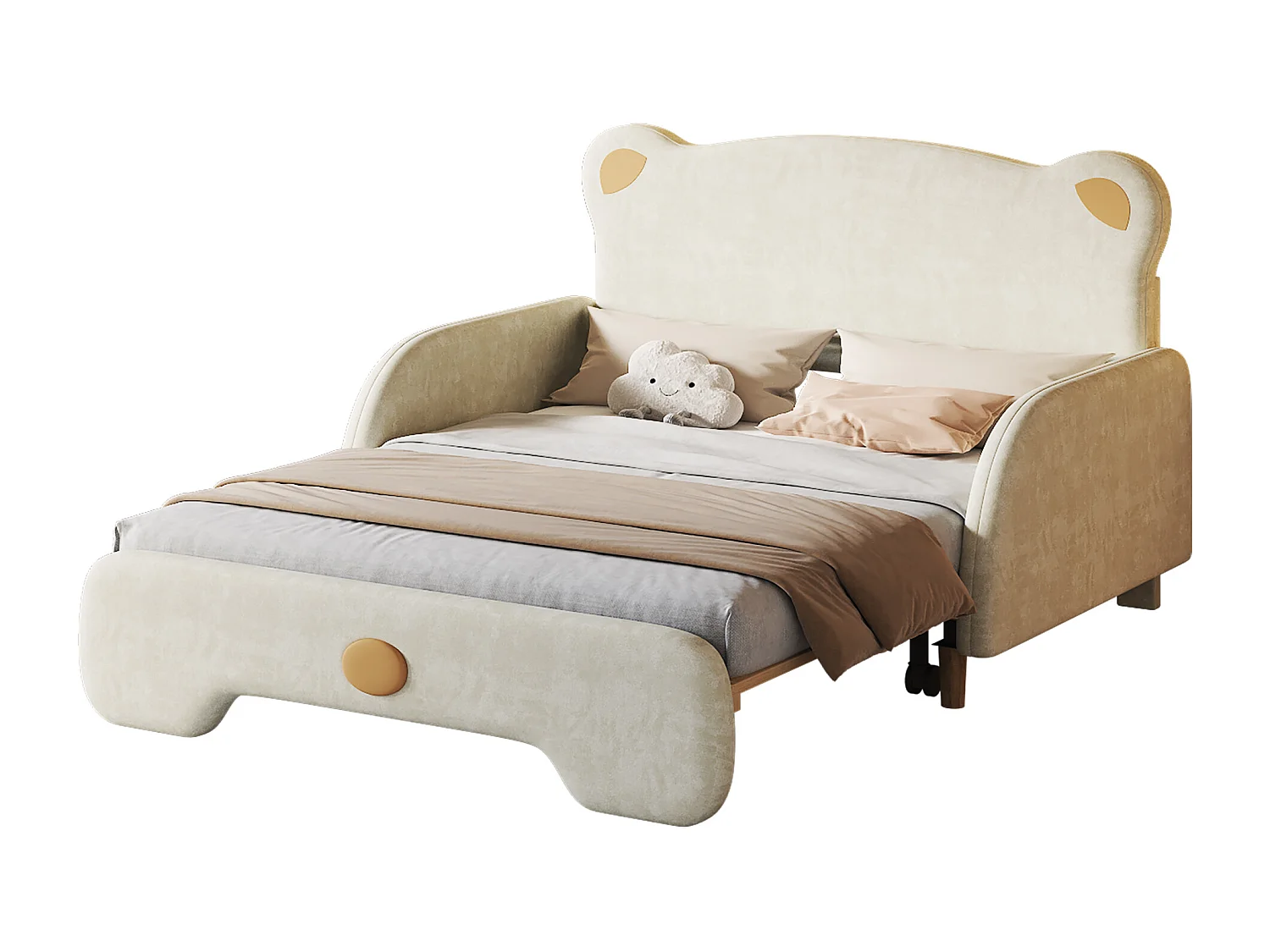 Lit enfant 140x110/200cm convertible en forme d'ours, velours beige, Lit adulte, sans matelas